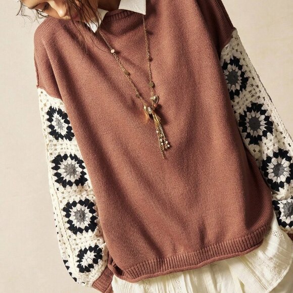 Brown Casual Women's Boho Crochet Patchwork Sweater top - Picture 5 of 8